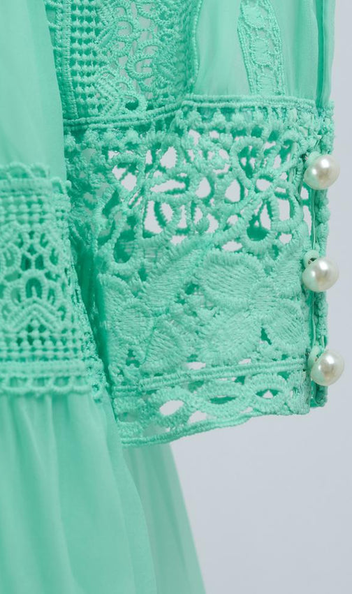 Kamara Ethereal Mint Green Lace Maxi Dress - Long Sleeve Tiered Gown