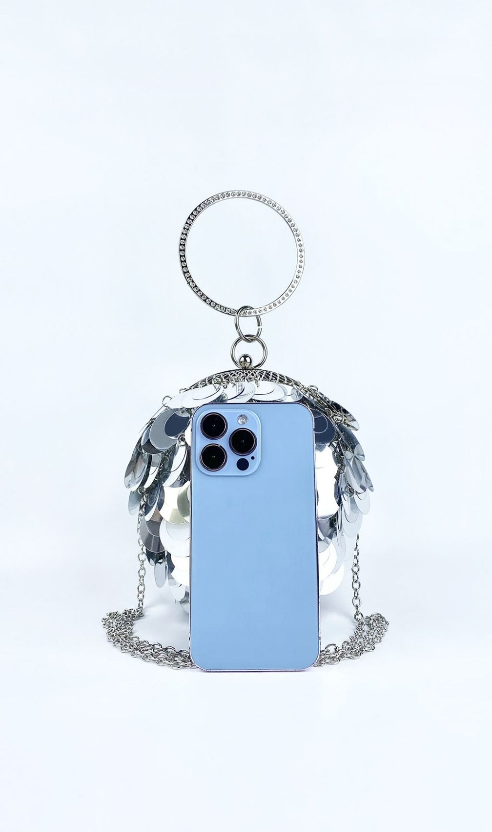 Adaiba Dazzling Silver Sequin Ball Clutch Bag with Ring Handle