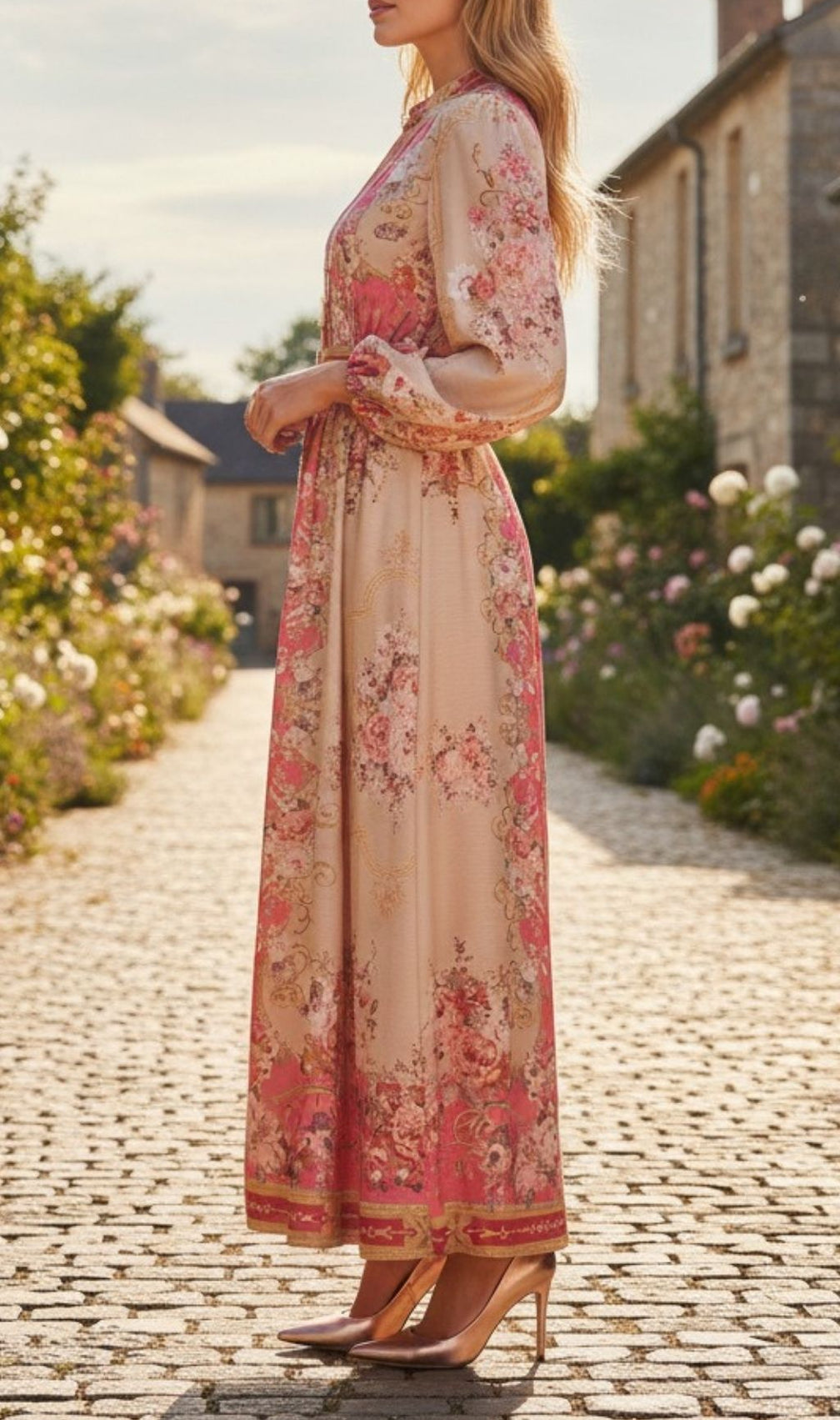 Kamillia Pink Floral Long Sleeve Maxi Dress - Elegant Garden Party Gown