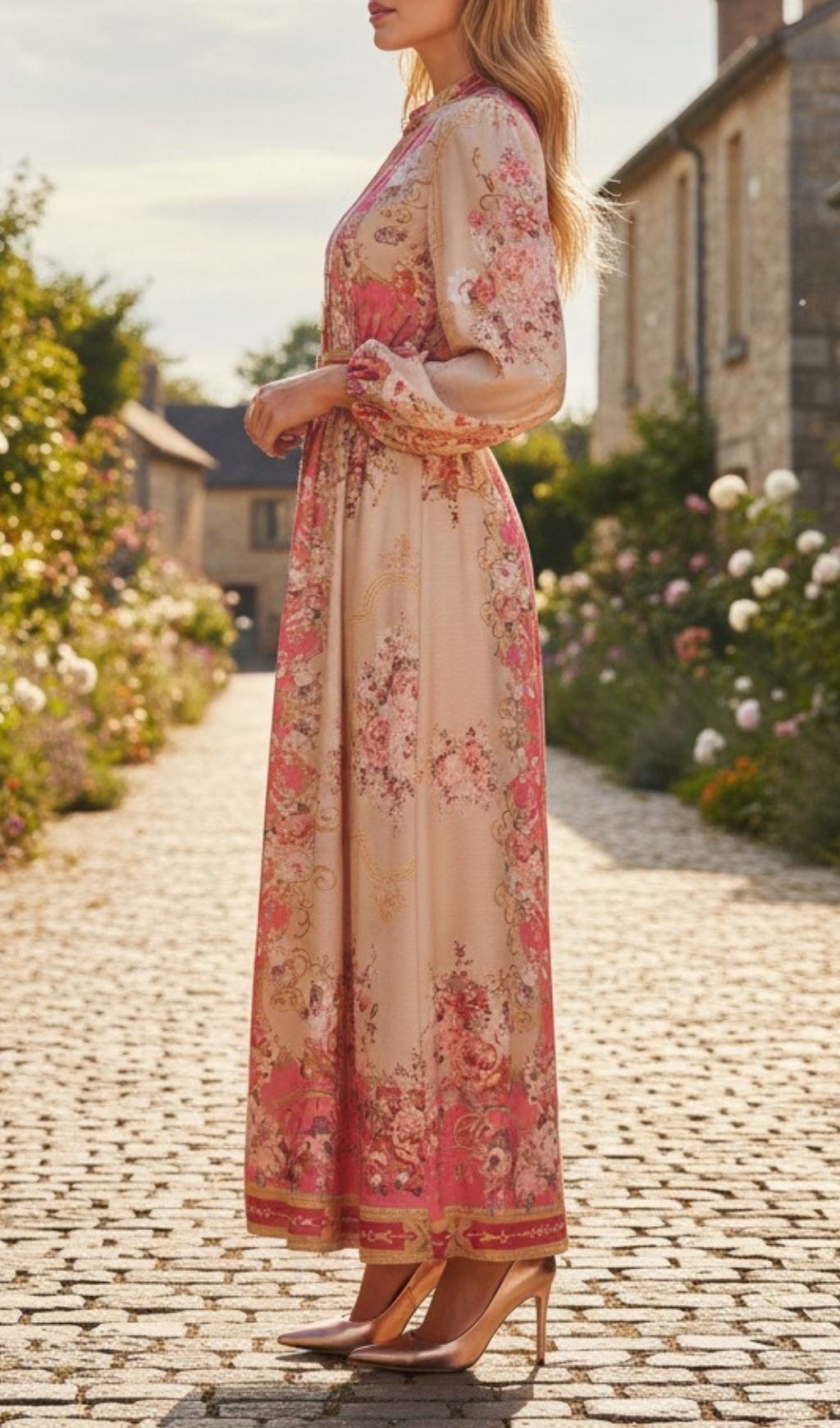 Kamillia Pink Floral Long Sleeve Maxi Dress - Elegant Garden Party Gown