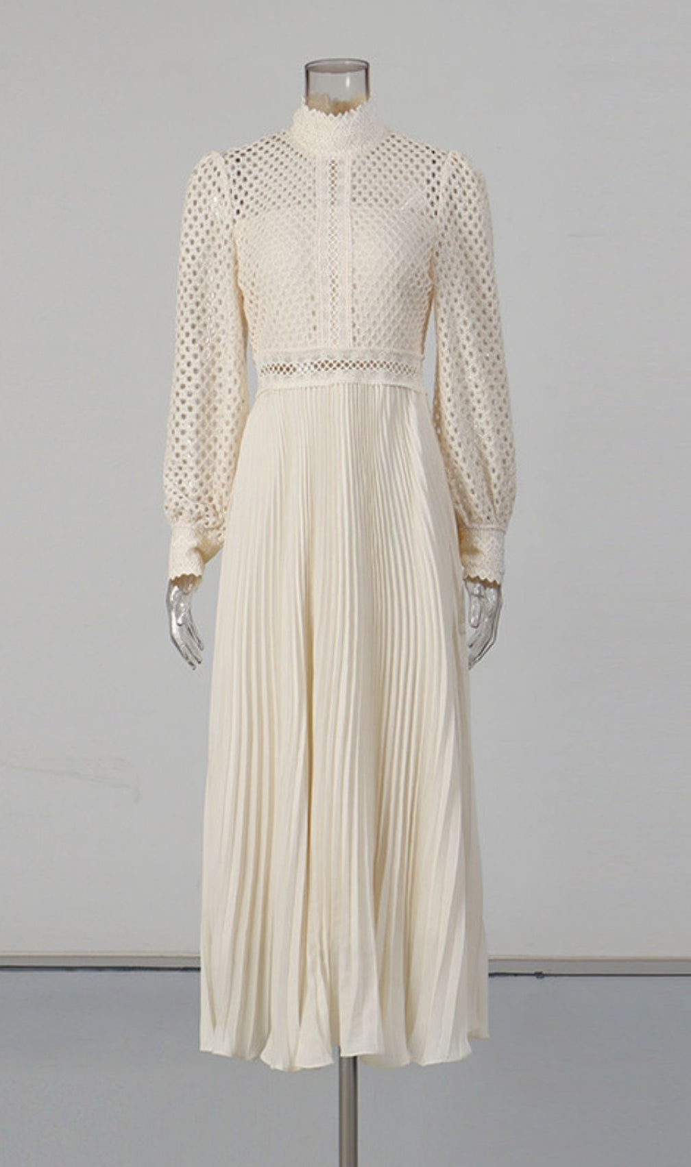 Kally Elegant Lace & Pleated Long Sleeve Midi Dress - Sophisticated Modesty