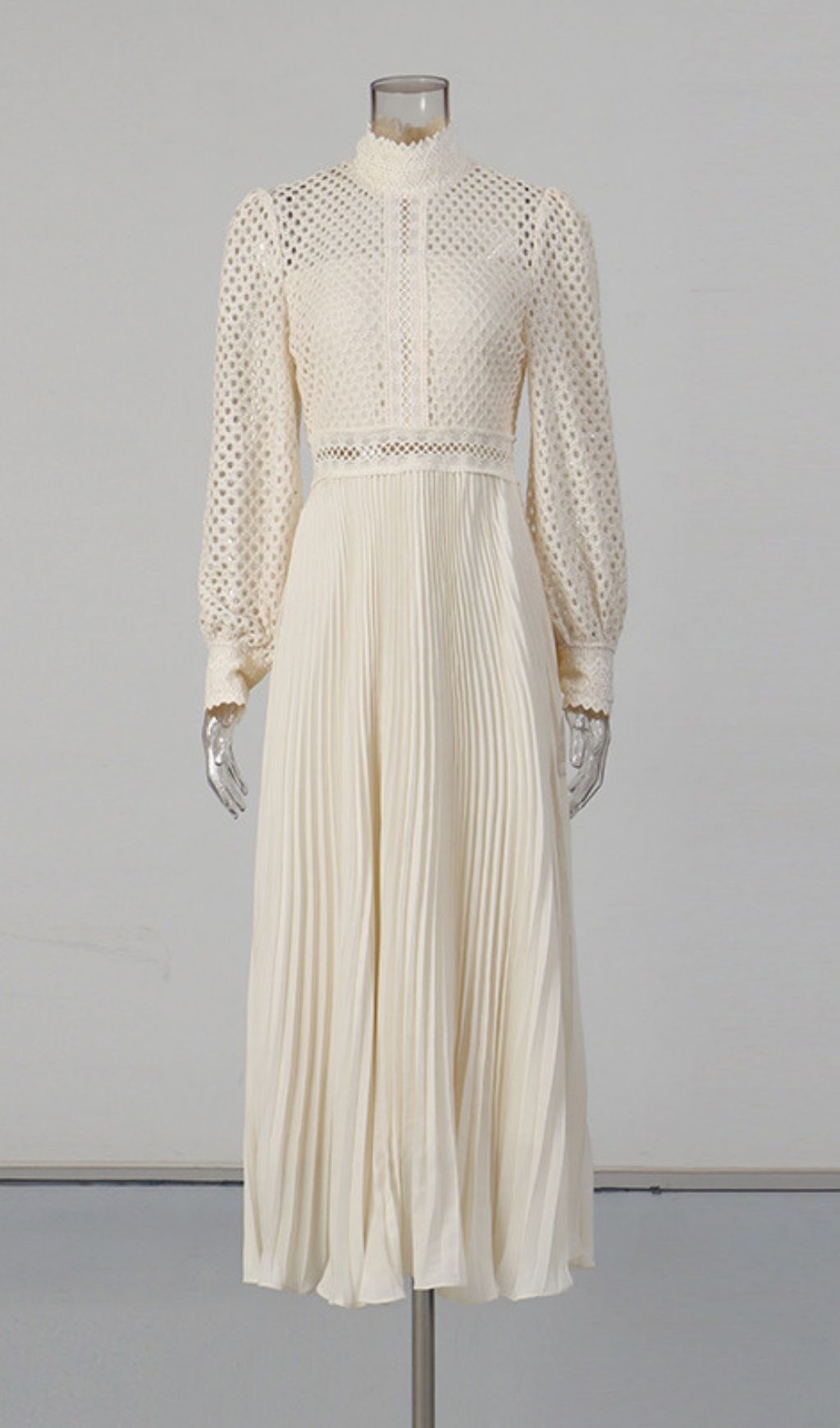 Kally Elegant Lace & Pleated Long Sleeve Midi Dress - Sophisticated Modesty