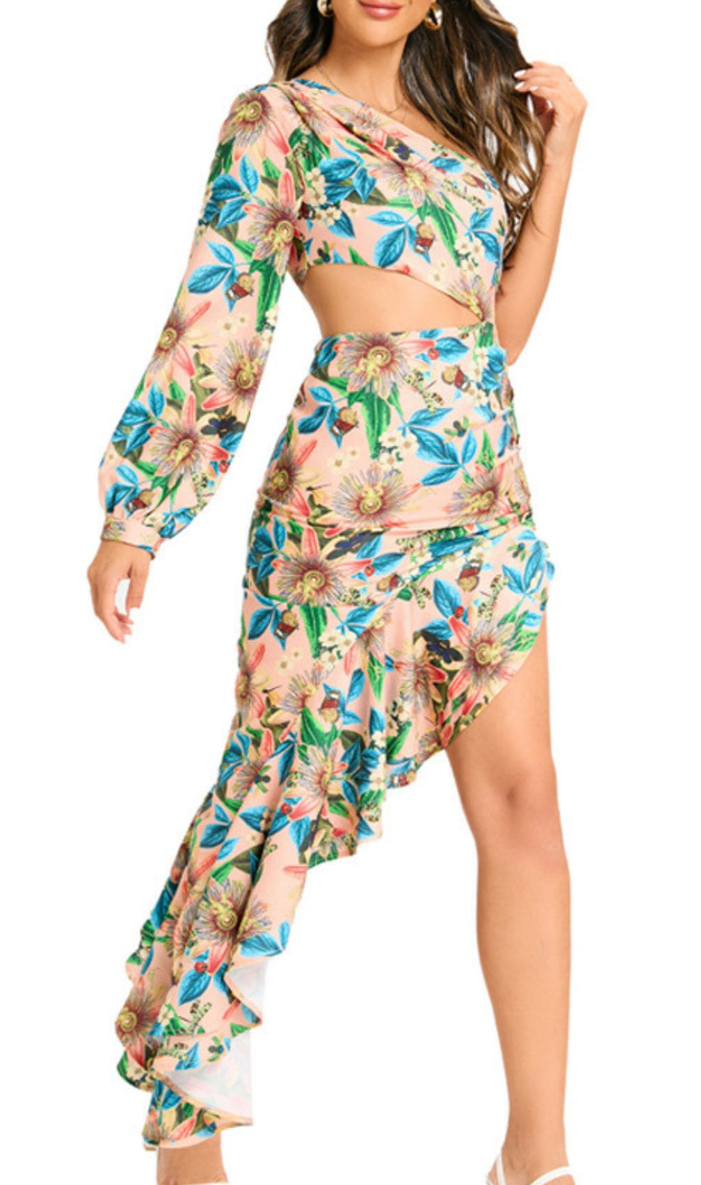 Javen Tropical Floral One-Shoulder Cutout High-Low Dress