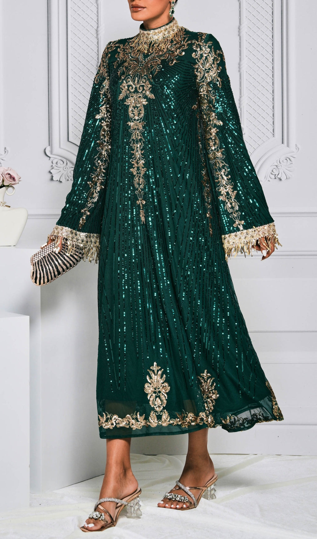 Crispina Green Sequin Long Sleeve Midi Dress