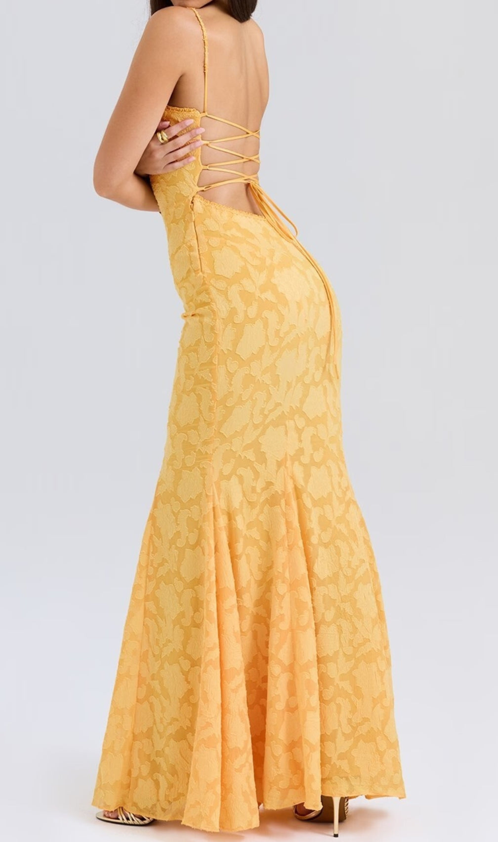 Cili Yellow Lace-Up Fishtail Maxi Dress