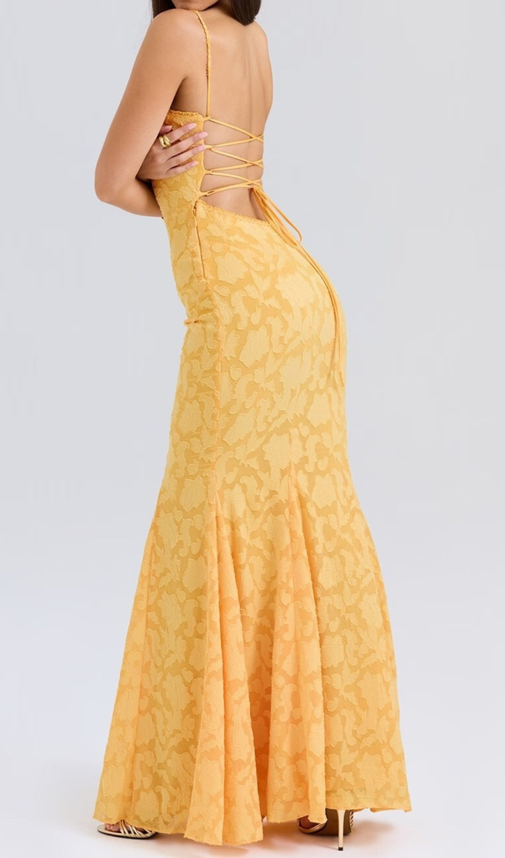 Cili Yellow Lace-Up Fishtail Maxi Dress