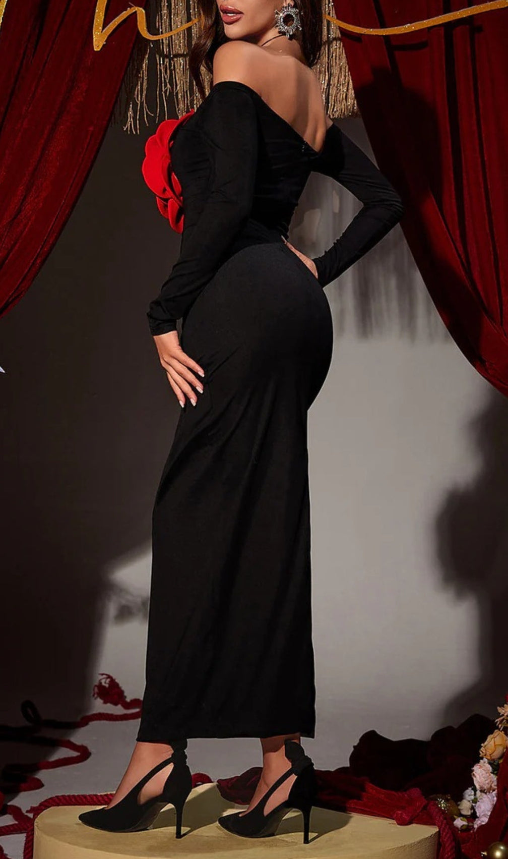 Arlene Off Shoulder Red Flower Maxi Dress