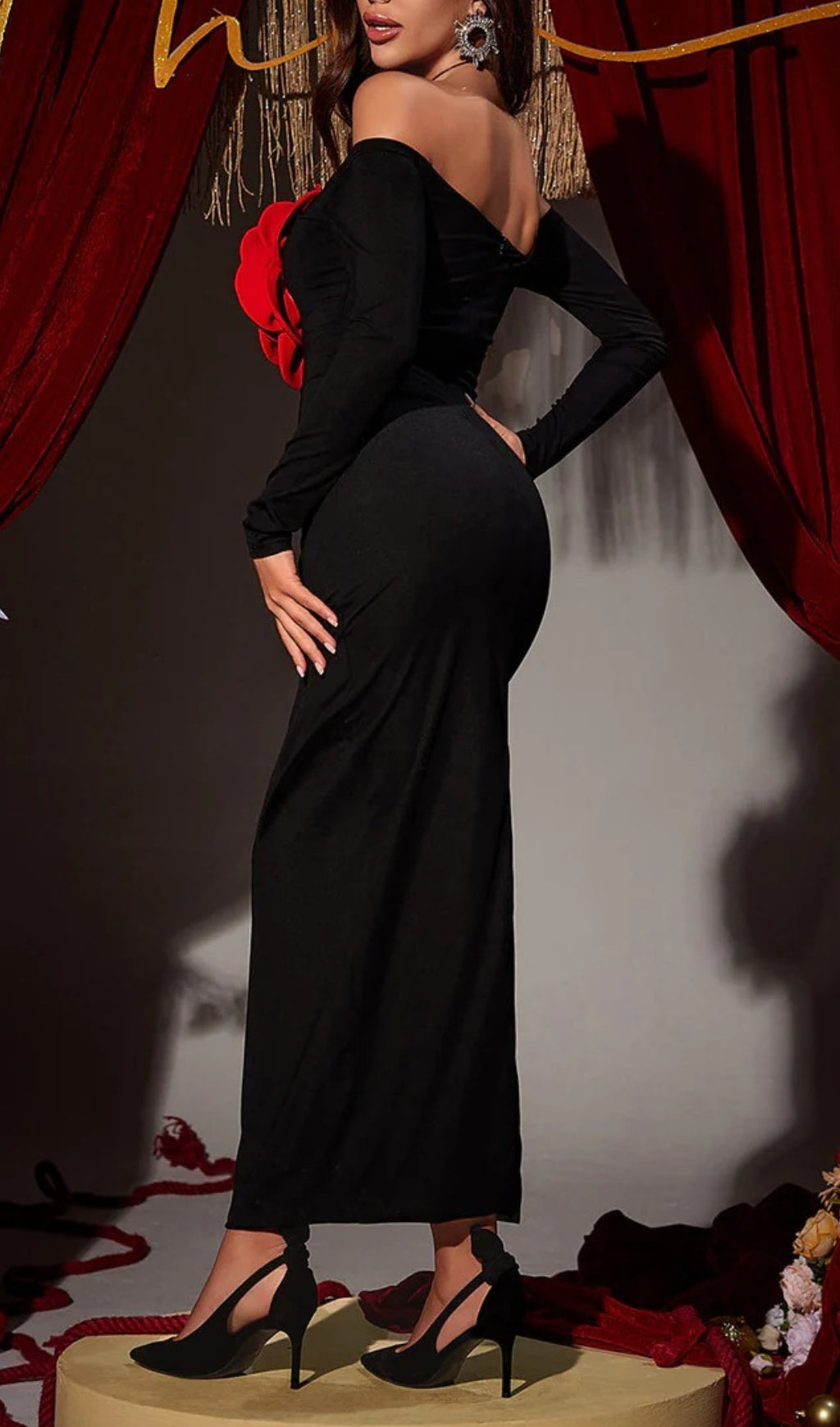 Arlene Off Shoulder Red Flower Maxi Dress