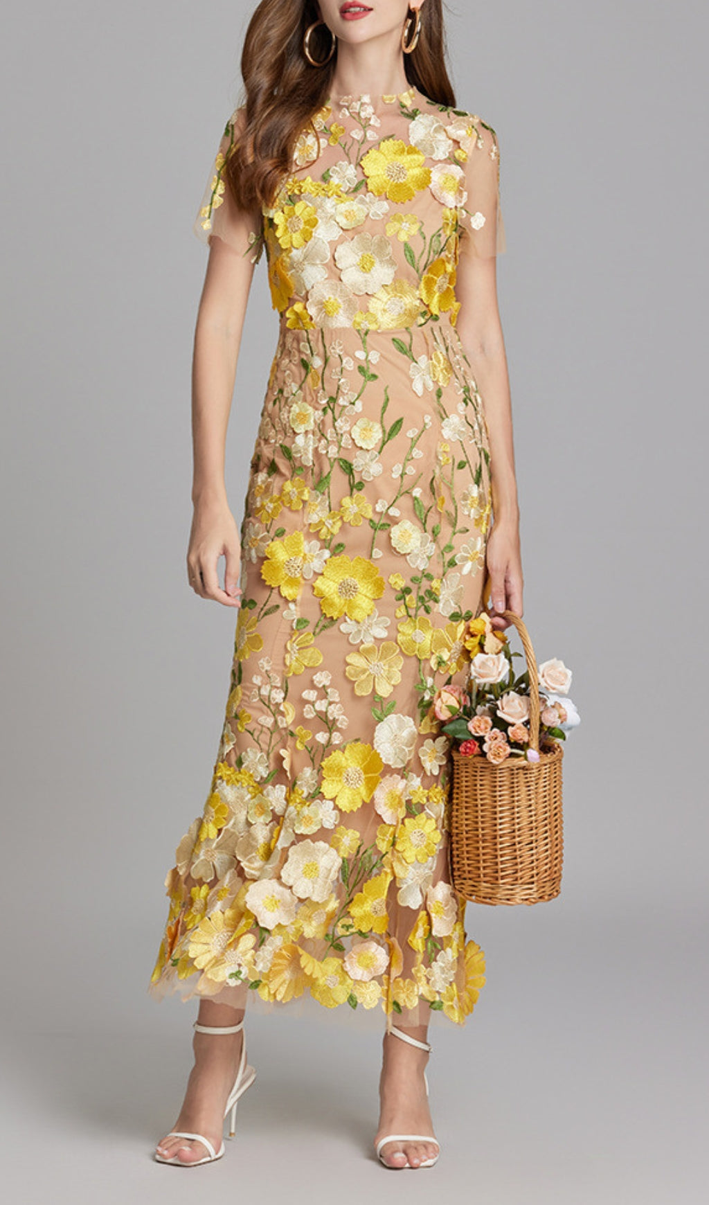 Carol Yellow Floral Embroidery Mesh Fishtail Midi Dress