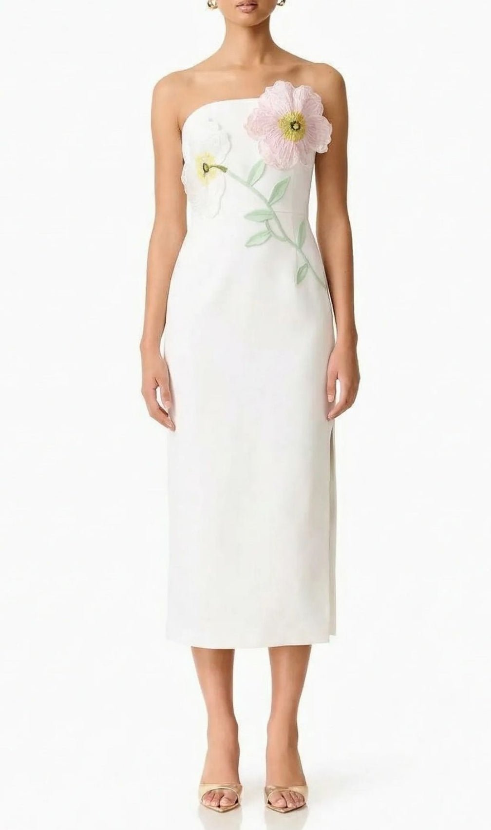 Kifle Blossom White Strapless Floral Embroidered Midi Dress