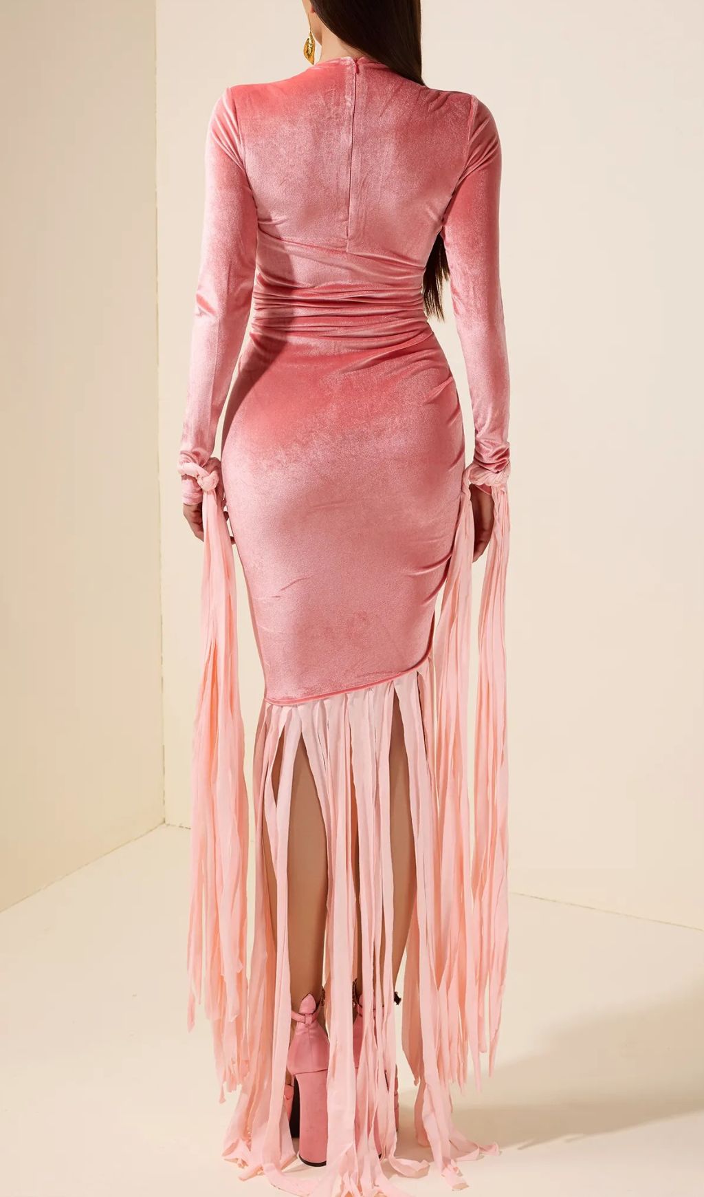 Jasmine Pink Velvet Ruched Maxi Gown | Elegant Tassel Detail Dress