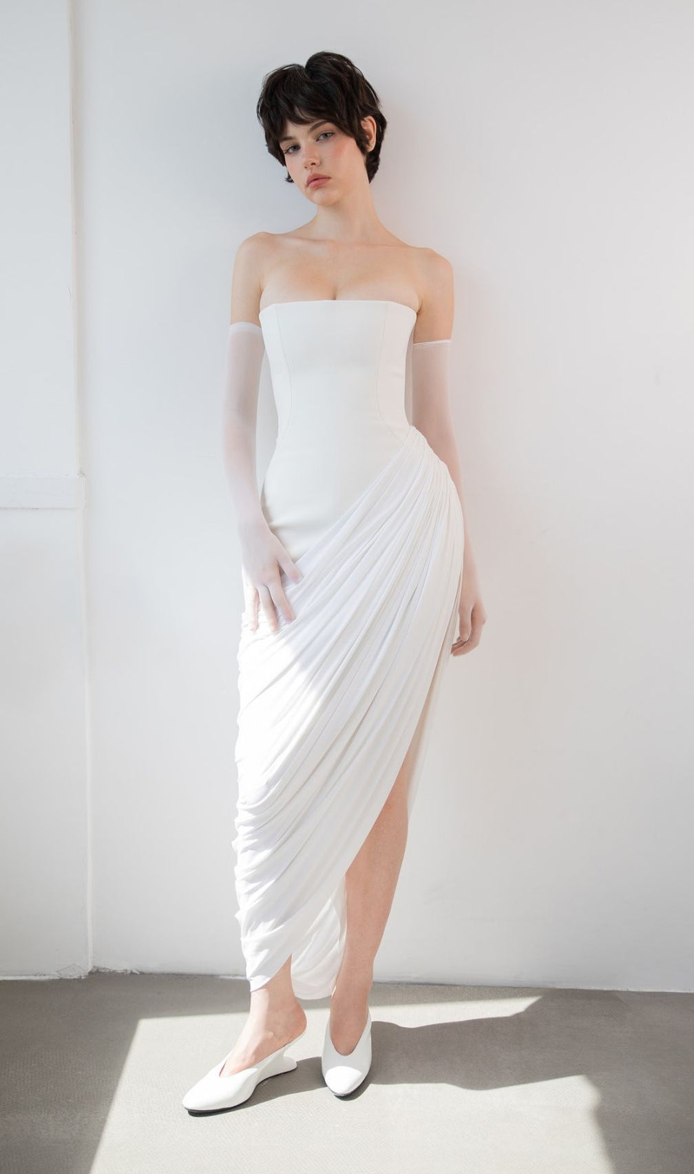 Julianne White Strapless Maxi Dress | Elegant Draped Goddess Gown
