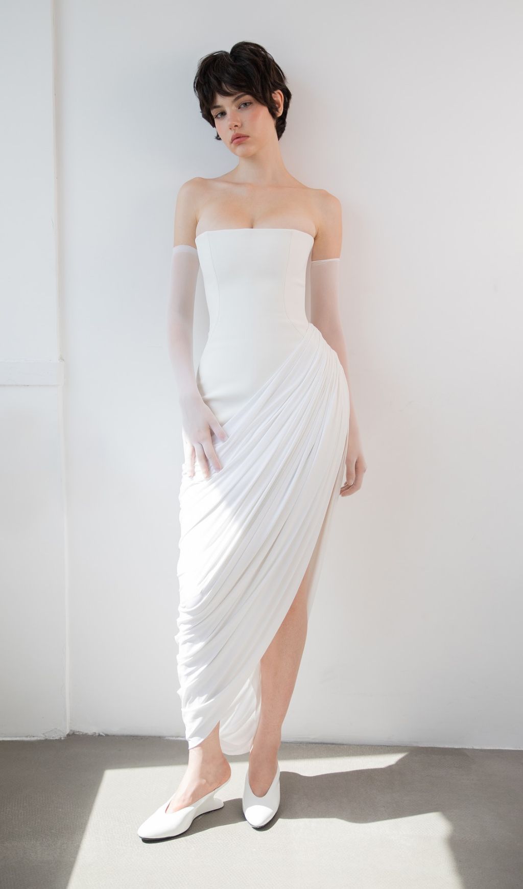 Julianne White Strapless Maxi Dress | Elegant Draped Goddess Gown