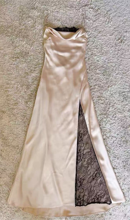 Sultry Champagne Satin Midi Slip Dress with Cowl Neck, Lace Slit & Tie-Back