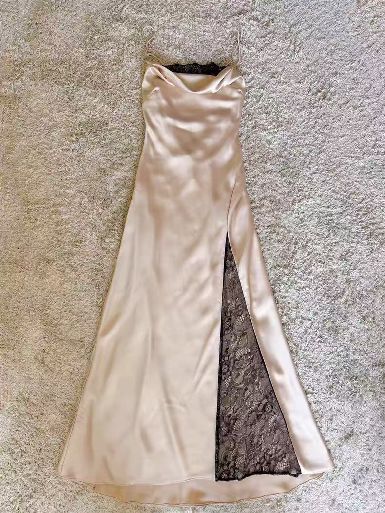 Sultry Champagne Satin Midi Slip Dress with Cowl Neck, Lace Slit & Tie-Back