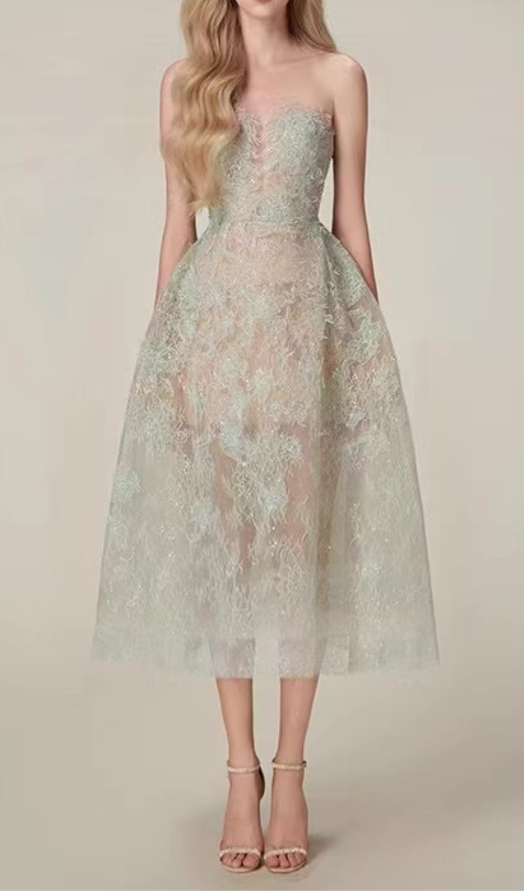 Allyson Green Floral Lace Embroider Midi Dress