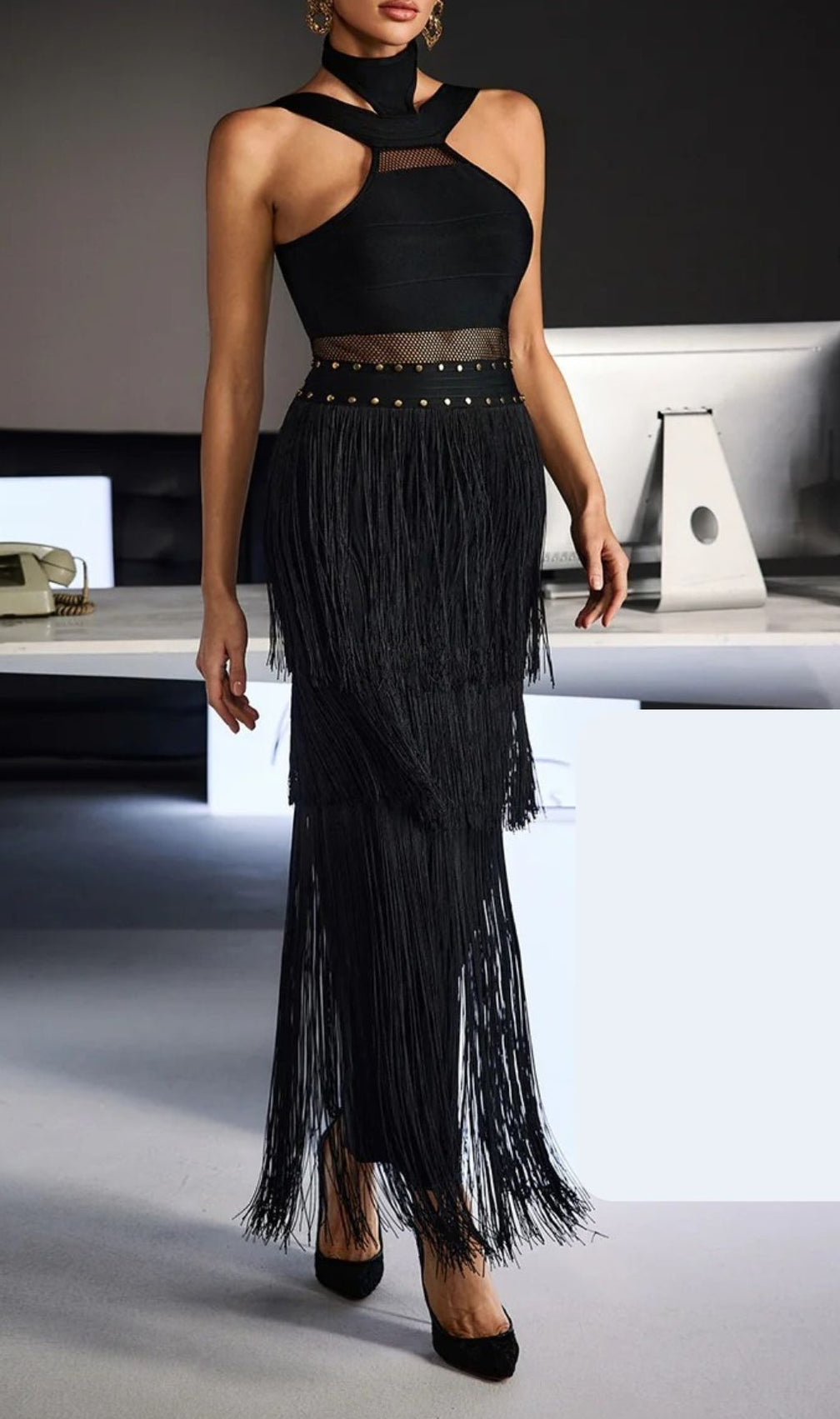 Fermin Women's Black Halterneck Bandage Fringe Midi Dress | Curve-Hugging Party Gown