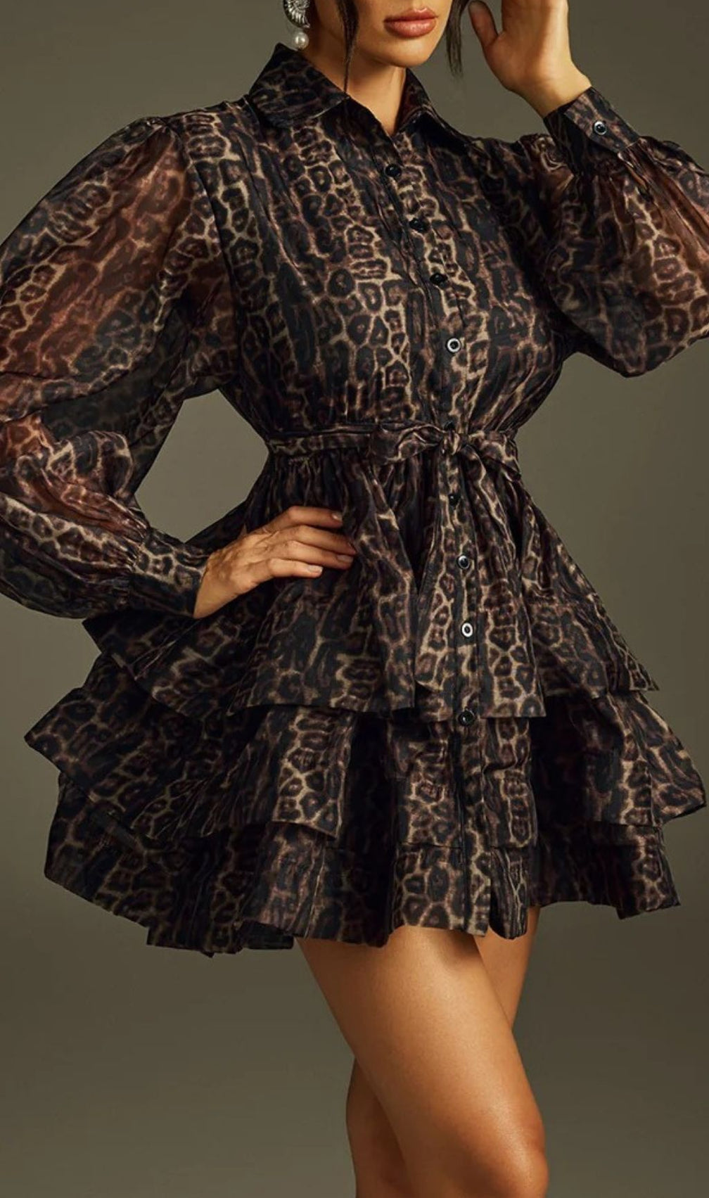 Hazra Fierce Leopard Print Tiered Mini Dress | Voluminous Sleeves & Tie Waist