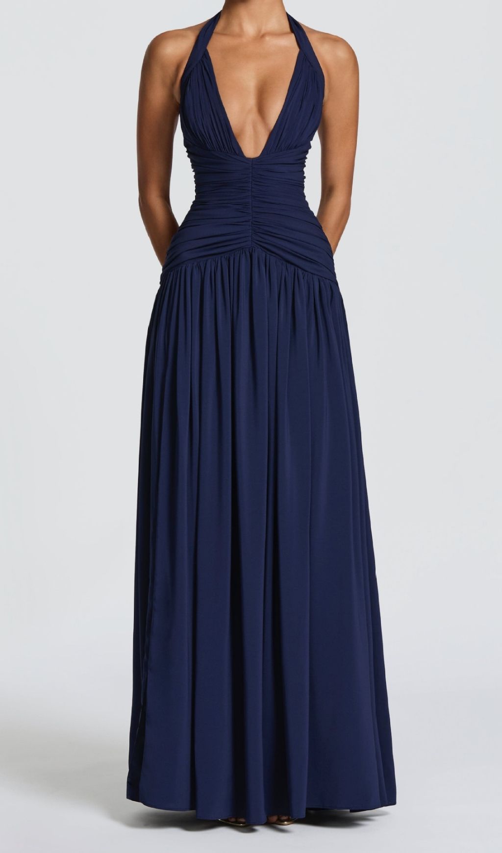 Kelley Navy Halter Ruched Maxi Dress with High Slit | Elegant Formal Gown
