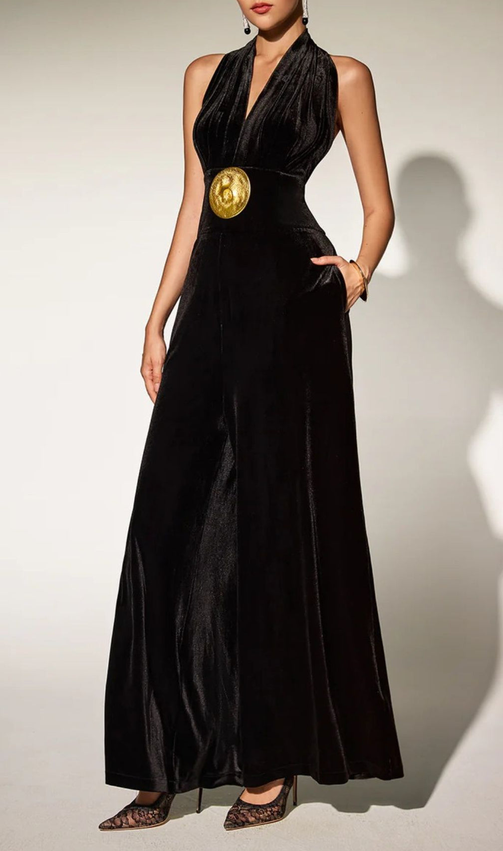 Brytni Halterneck Velvet Jumpsuit | Elegant Wide-Leg with Statement Gold Buckle