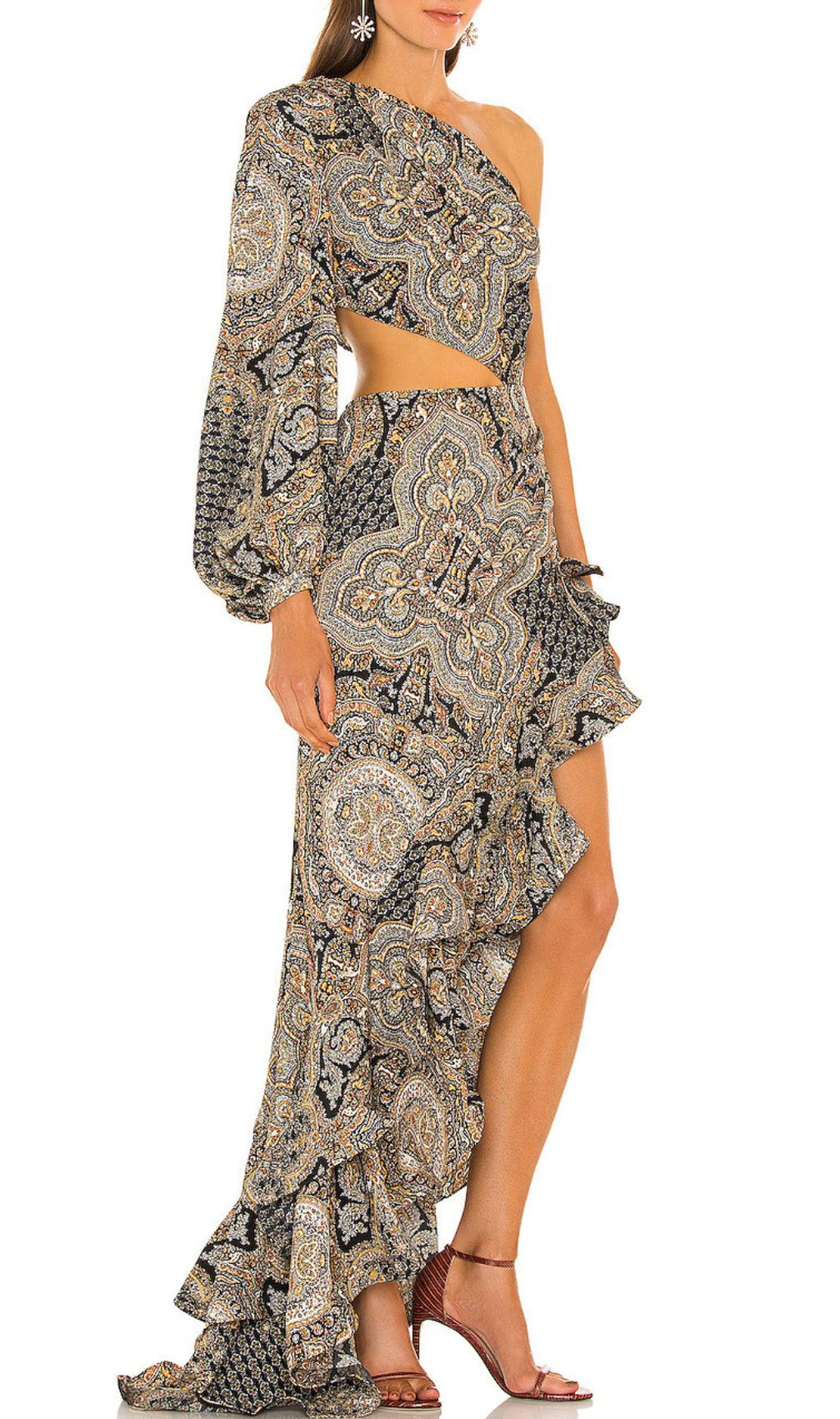 Javen Bohemian Paisley One-Shoulder Ruffle Maxi Dress