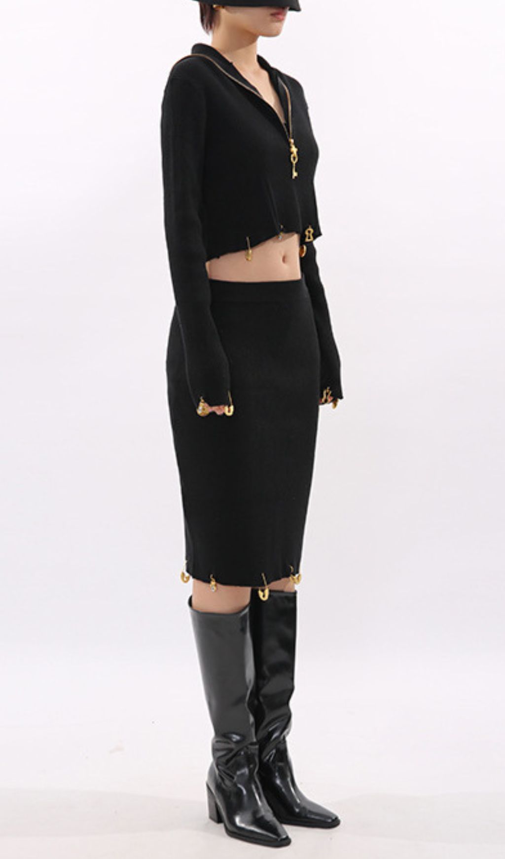 Idun Black Ribbed Knit Two-Piece Set | Edgy Cropped Top & Pencil Skirt with Gold Charms