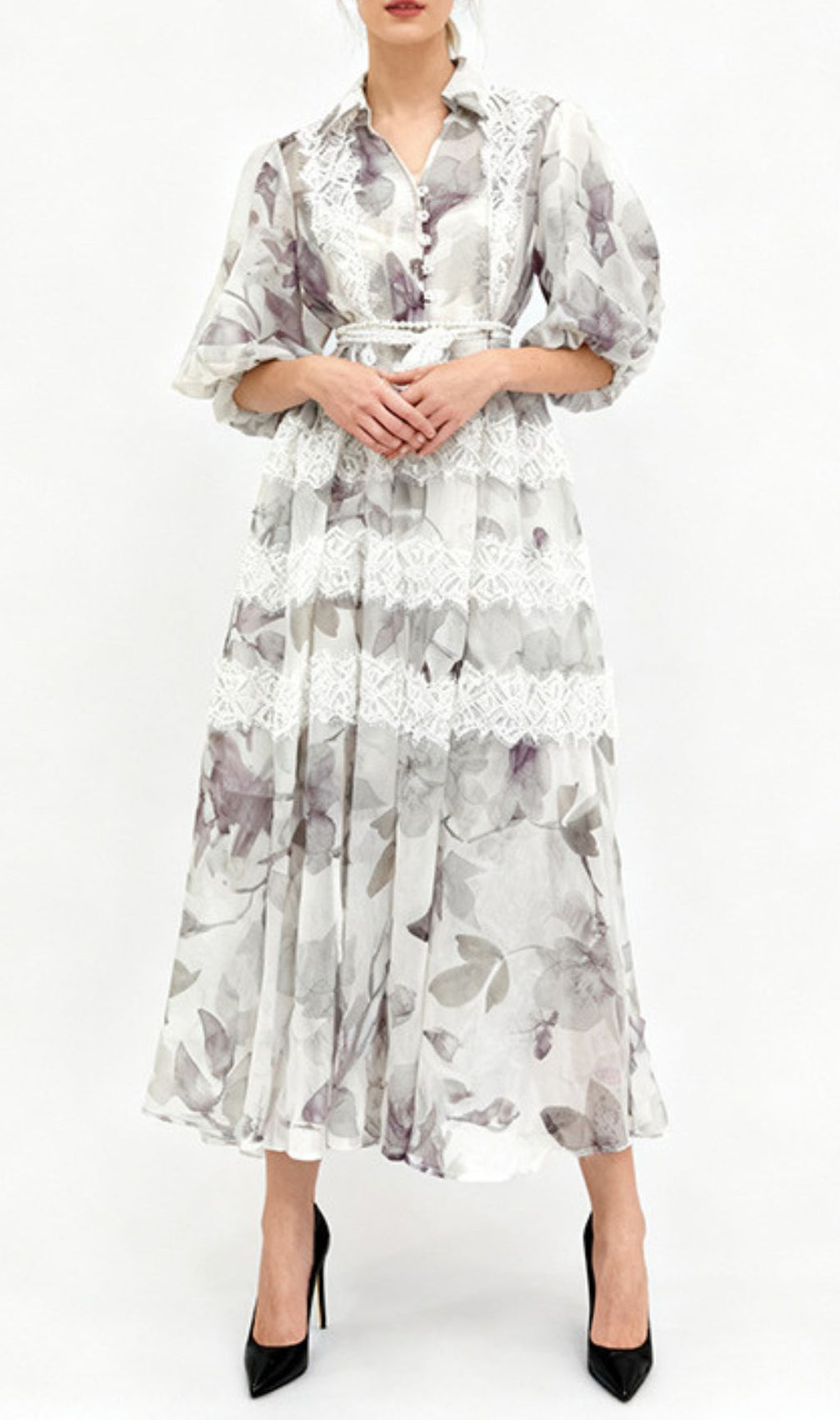 Chic Ilisha Floral & Lace Tiered Lantern Midi Dress for Women