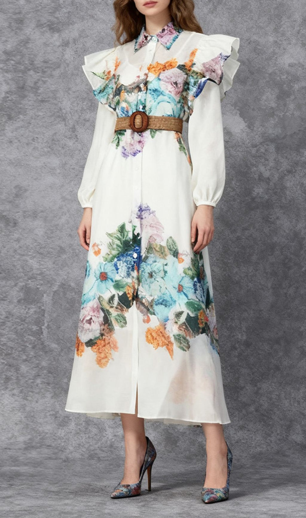 Janie Romantic Floral Ruffled Maxi Shirtdress with Belt