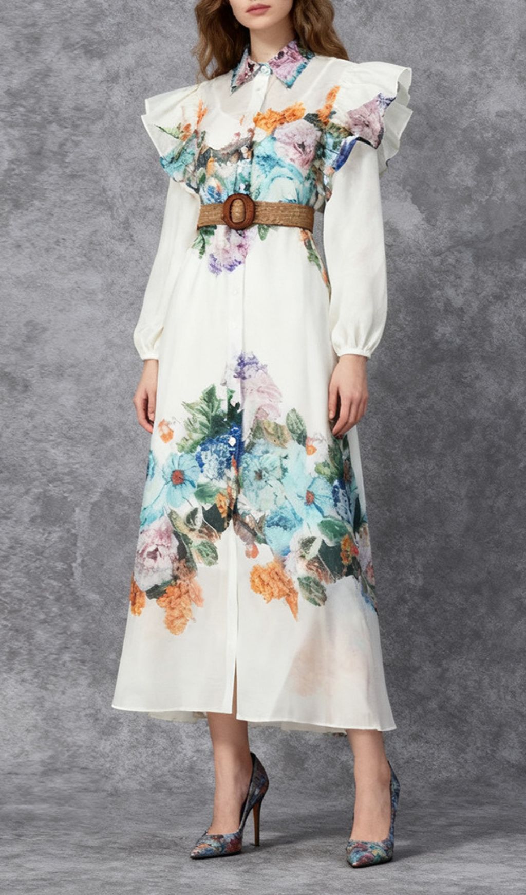 Janie Romantic Floral Ruffled Maxi Shirtdress with Belt