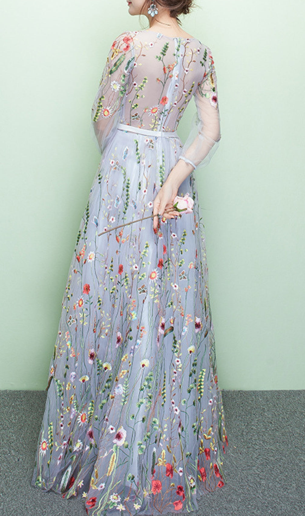 Dannell Gray Flower Mesh Sleeve Maxi Dress