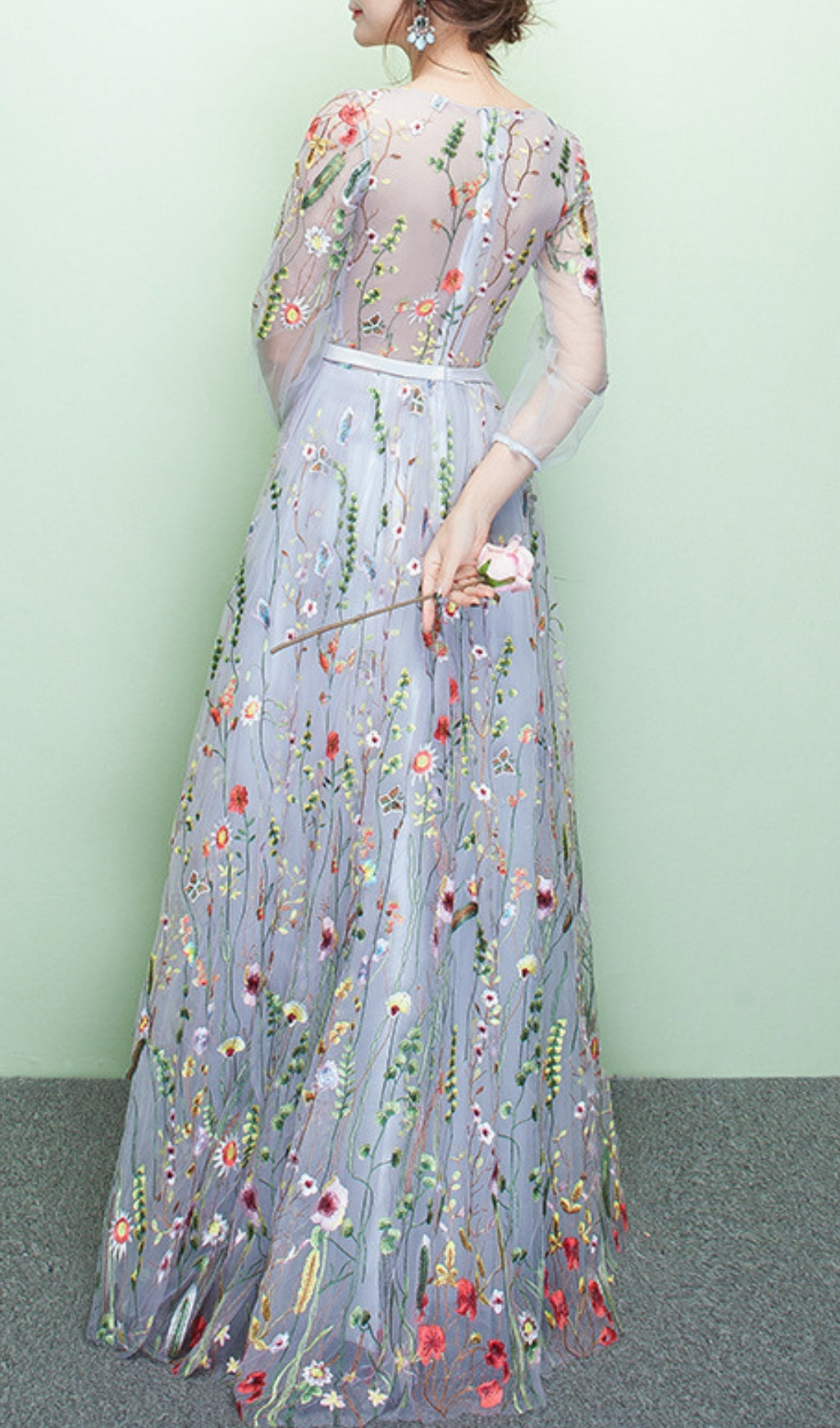 Dannell Gray Flower Mesh Sleeve Maxi Dress