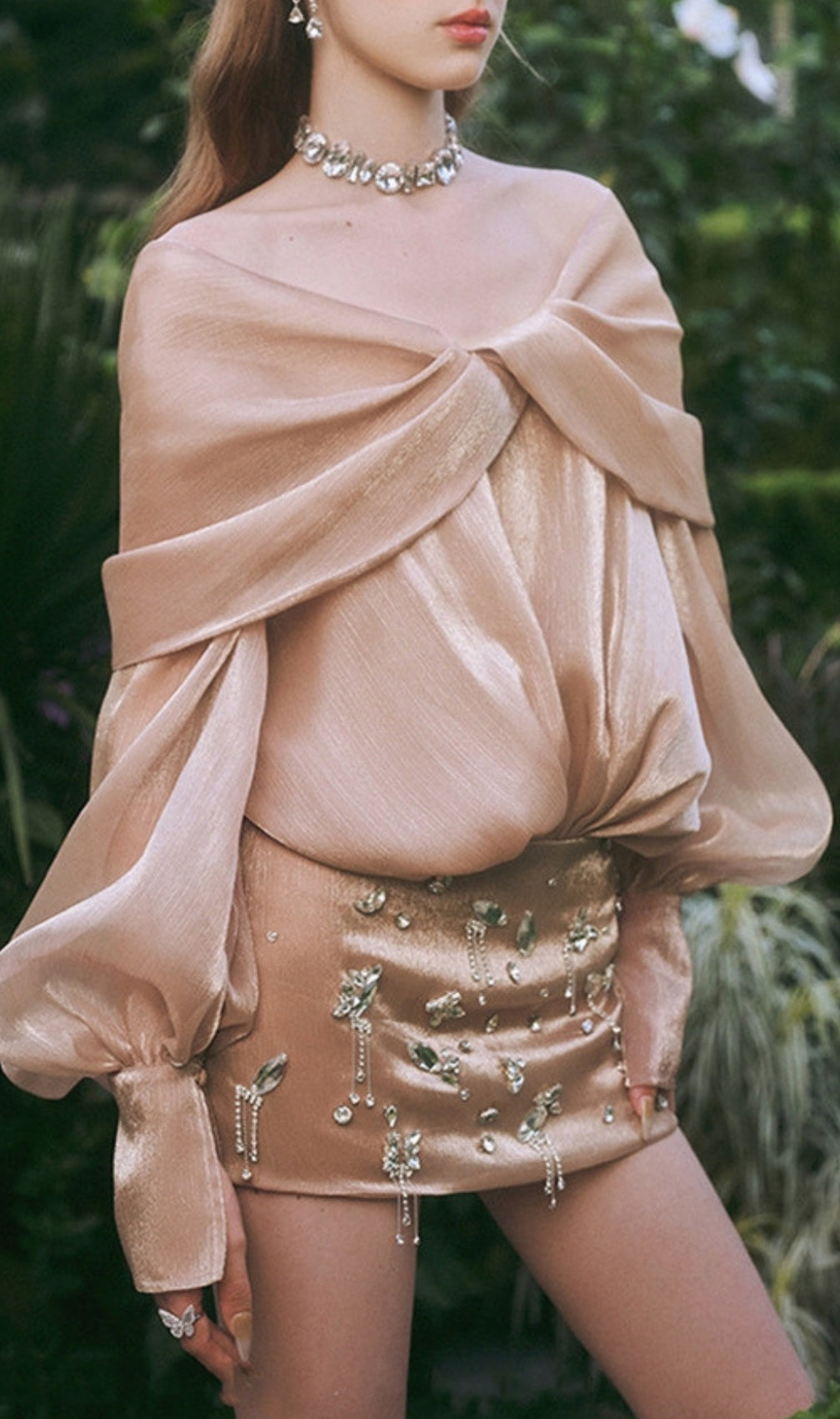 Dagmar Khaki Long Sleeve Rhinestone Mini Dress