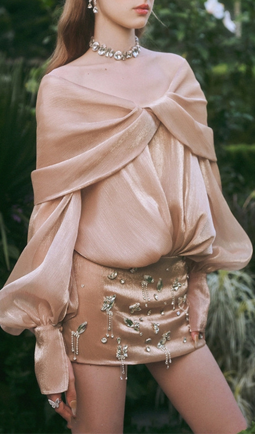 Dagmar Khaki Long Sleeve Rhinestone Mini Dress