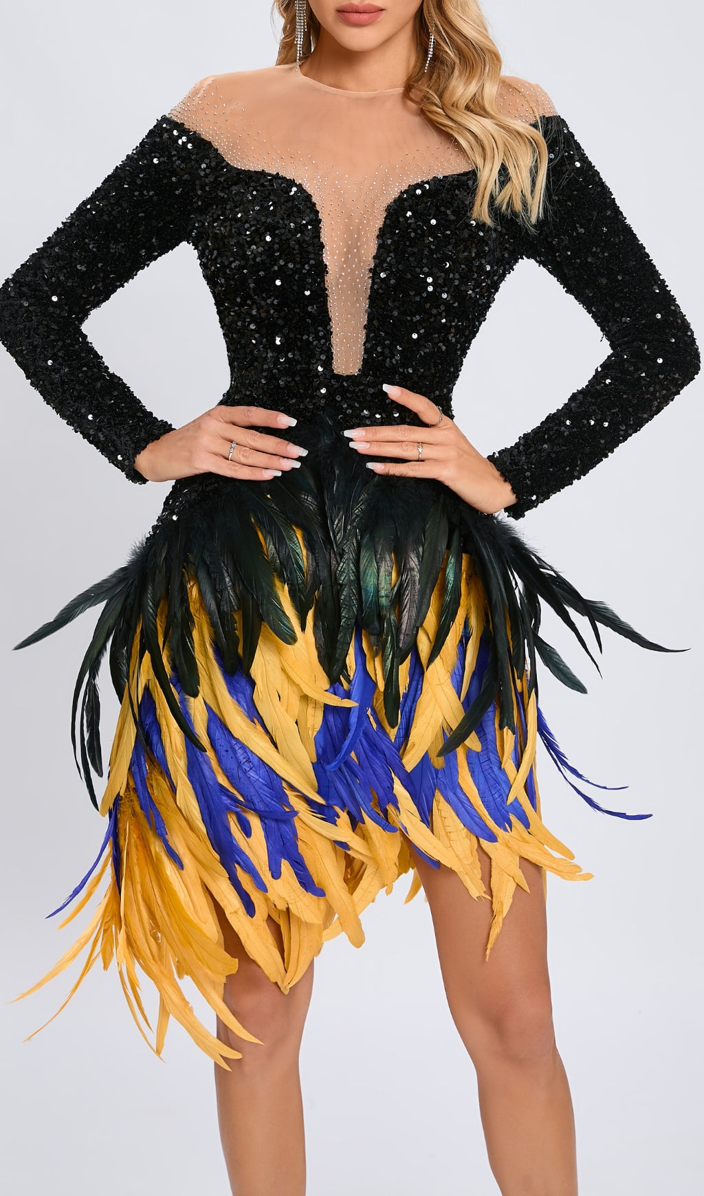 Long Sleeve Sequin Feather Dress Black