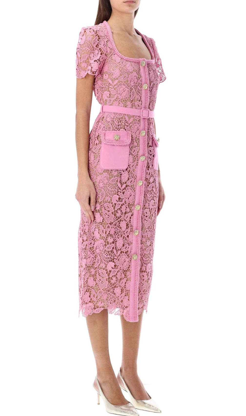 Anna Pink Guipure Lace Midi Dress