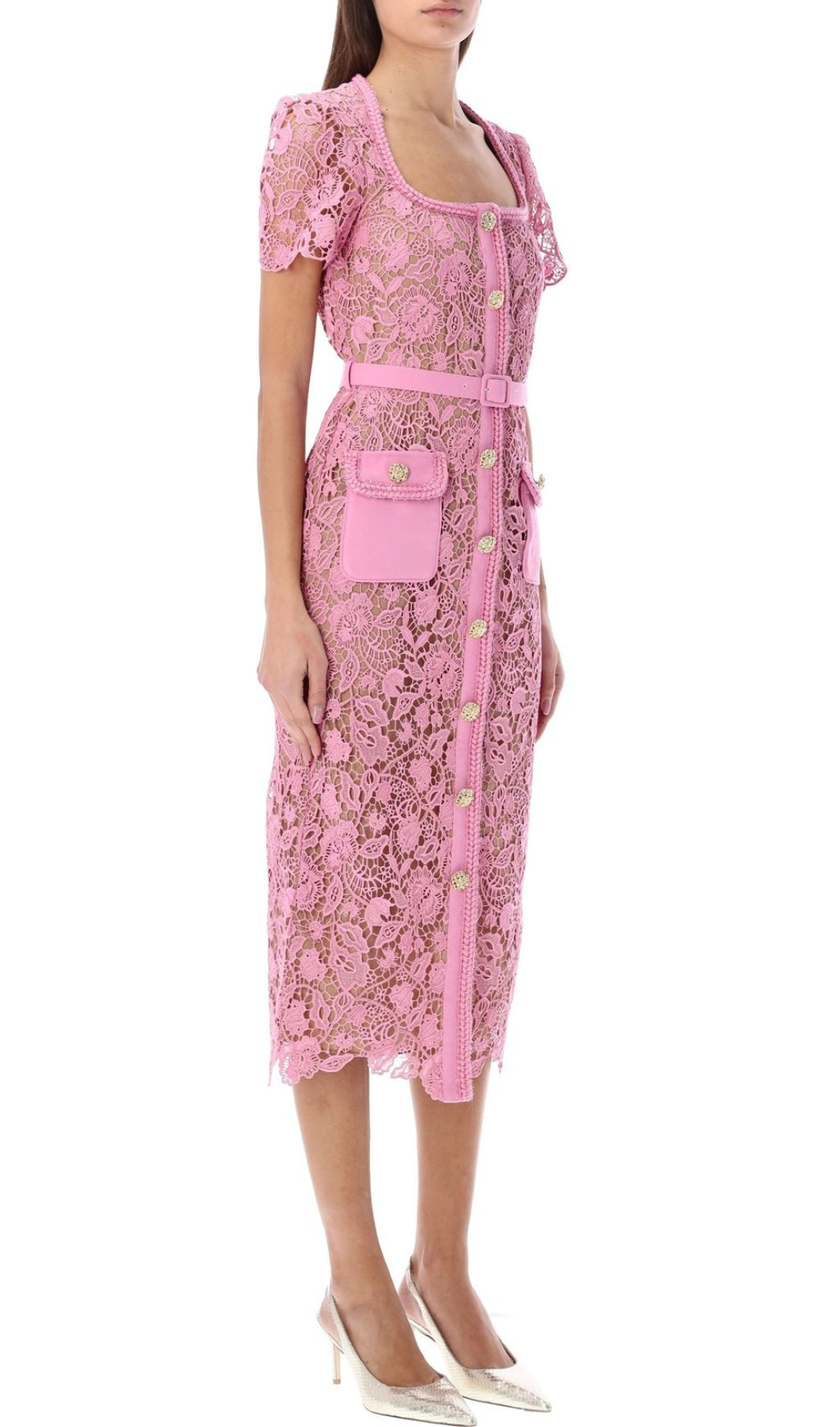 Anna Pink Guipure Lace Midi Dress