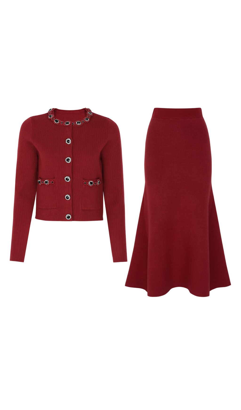 Elegant Wine Red Embellished Knit Cardigan & Midi Skirt Set