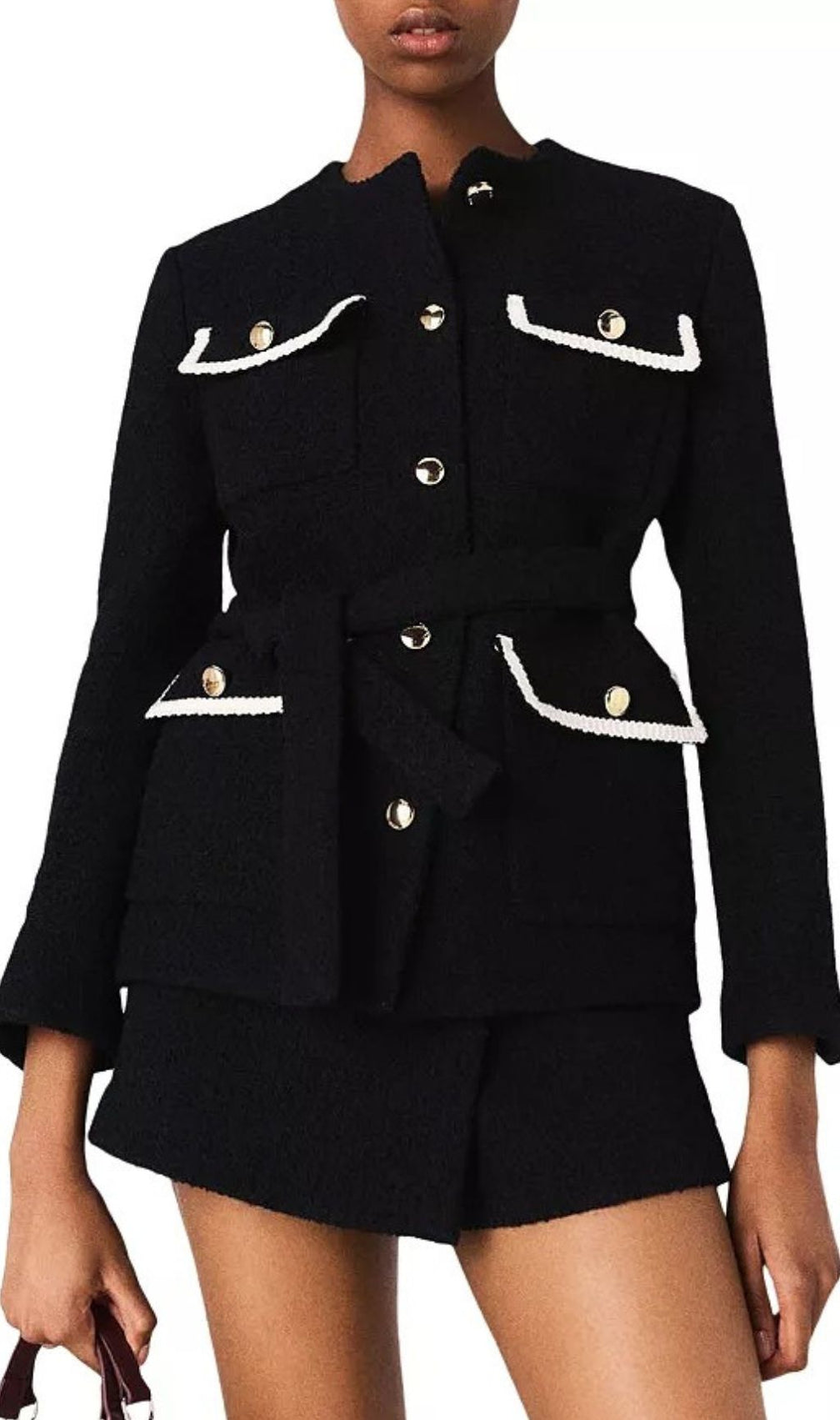 Chic Black & White Belted Tweed Jacket with Contrast Trim