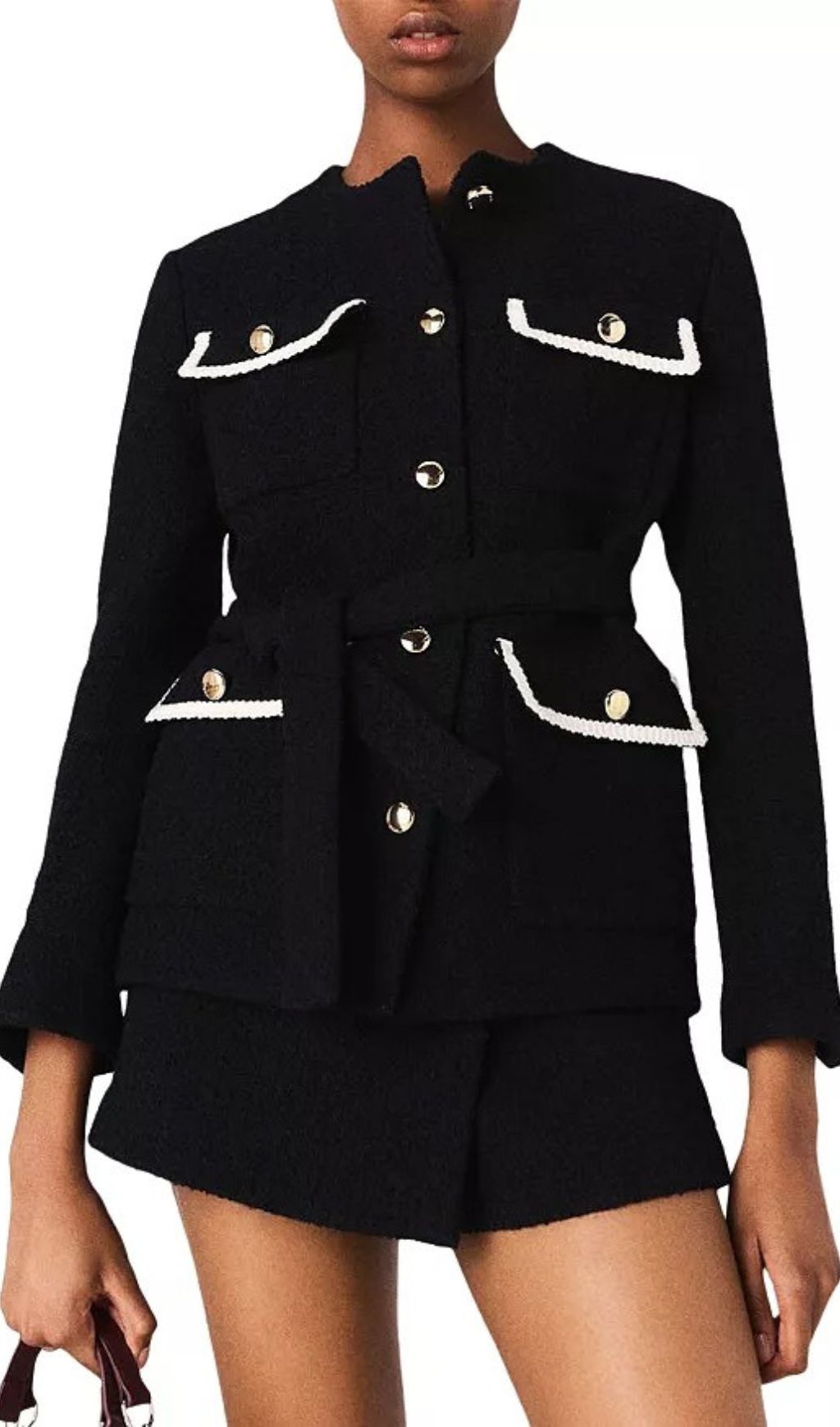 Chic Black & White Belted Tweed Jacket with Contrast Trim