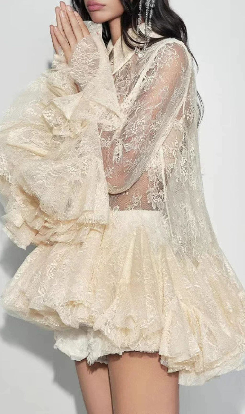 Fanta Lace Trumpet Sleeve Blouse & Shorts Set