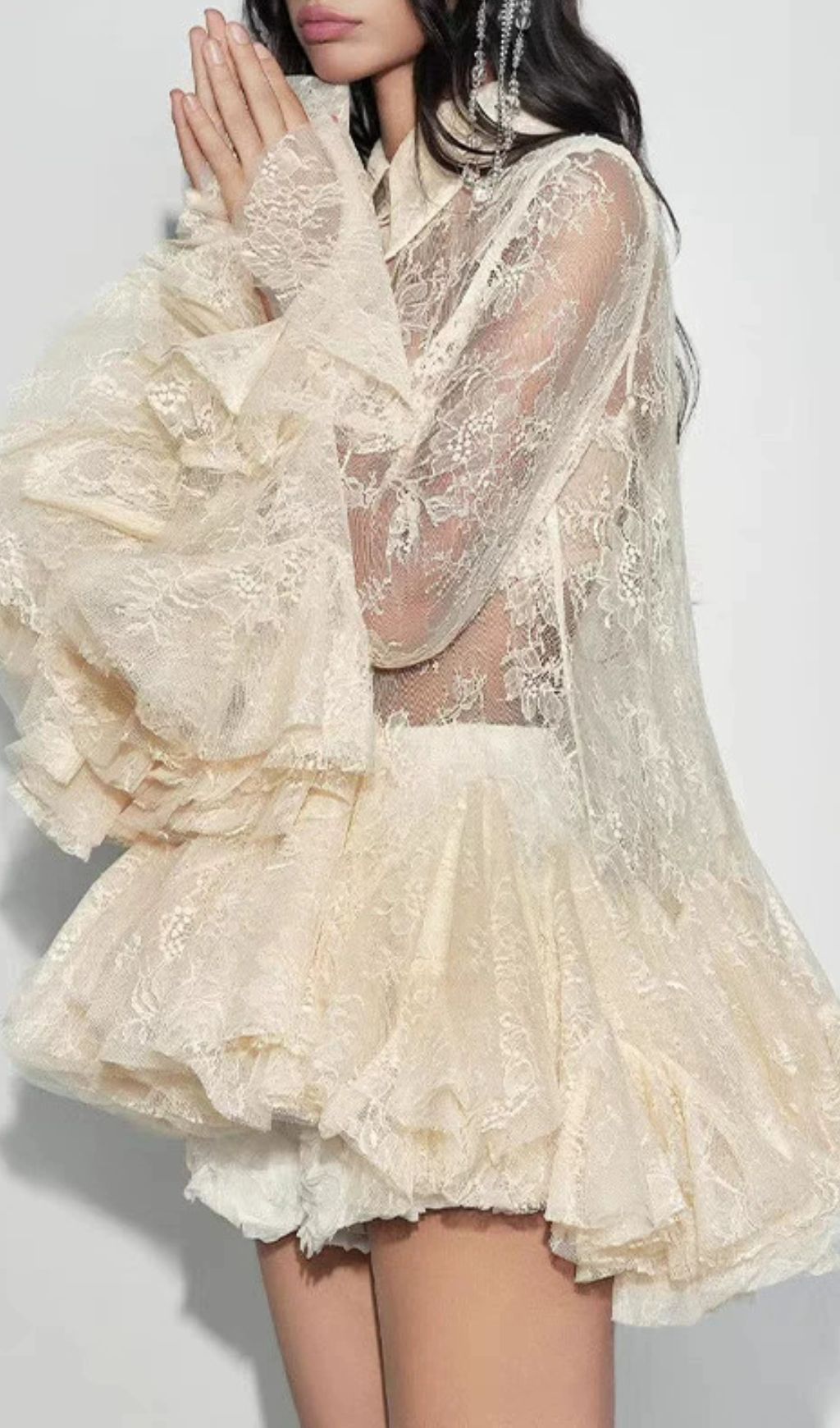 Fanta Lace Trumpet Sleeve Blouse & Shorts Set