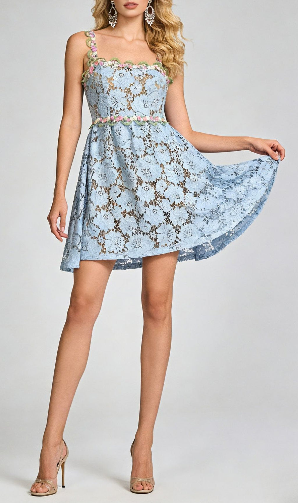 Tavon Flower Embroidered Mini Dress In Blue