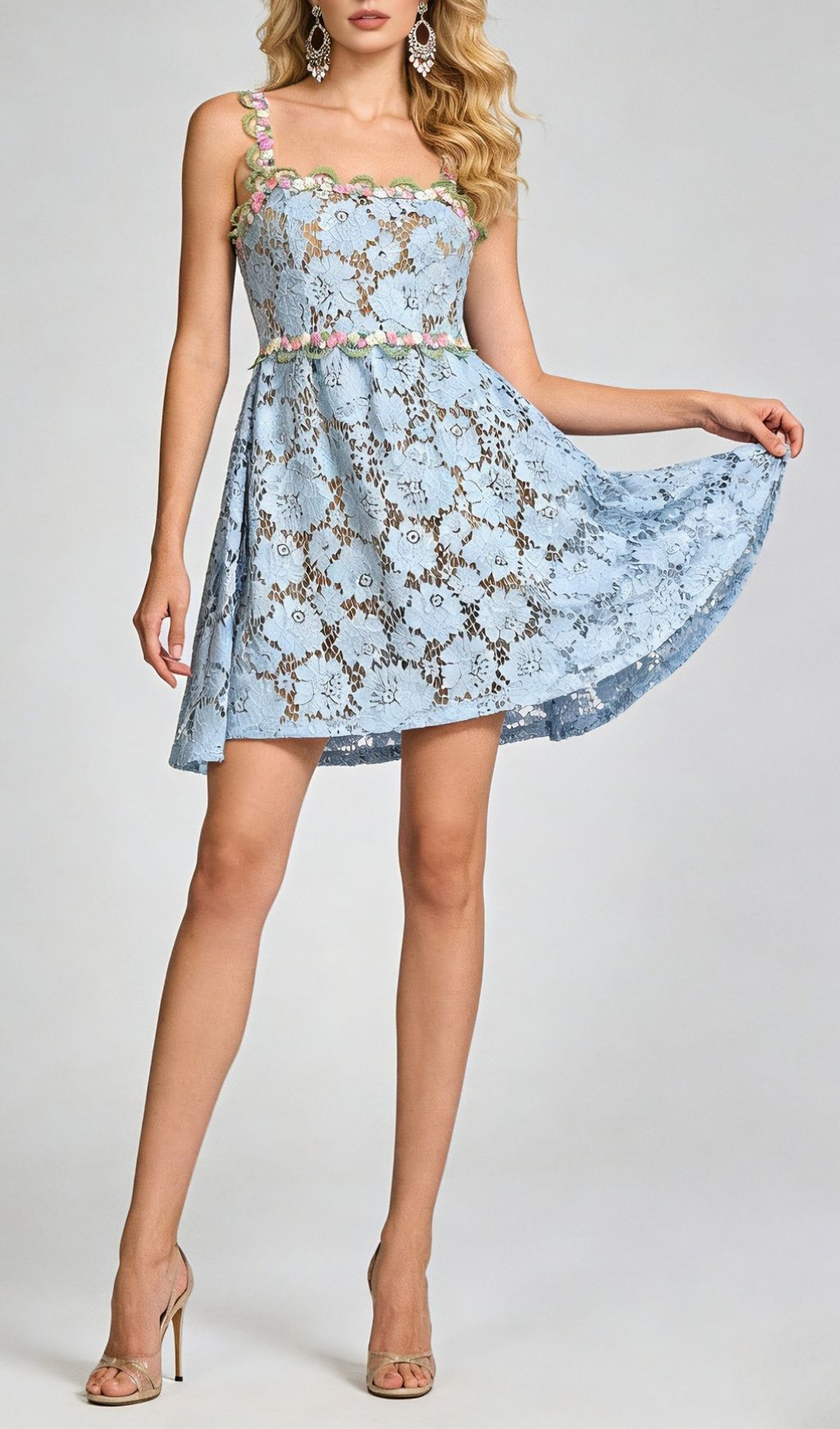 Tavon Flower Embroidered Mini Dress In Blue