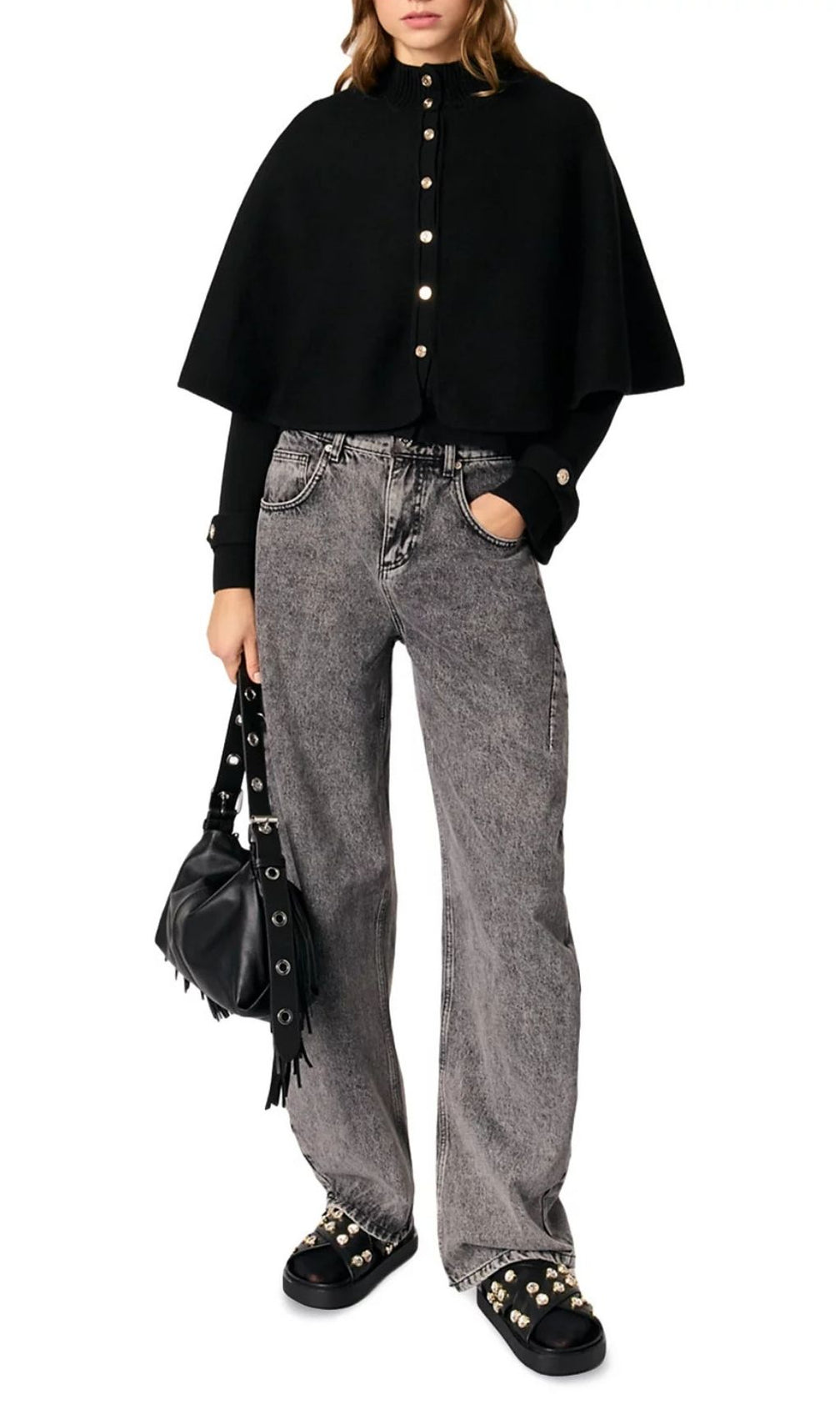 Chic Black Cape Effect Cardigan with Gold Clover Buttons