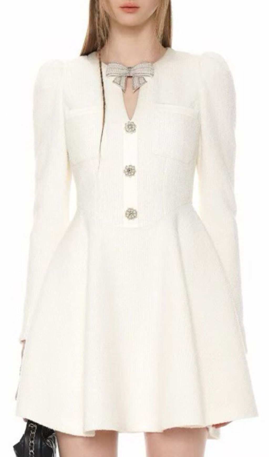 Elegant White Tweed Bow Mini Dress | Long Sleeve Fit & Flare