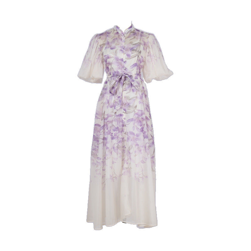 Pink Floral Print Mandarin Collar Chiffon Maxi Dress