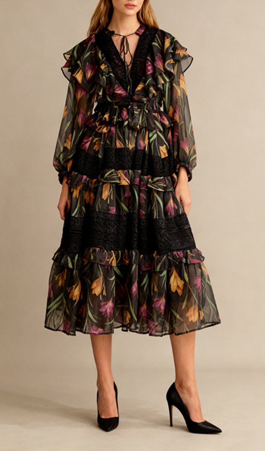 Imagine Floral Ruffle & Lace Tiered Long Sleeve Midi Dress