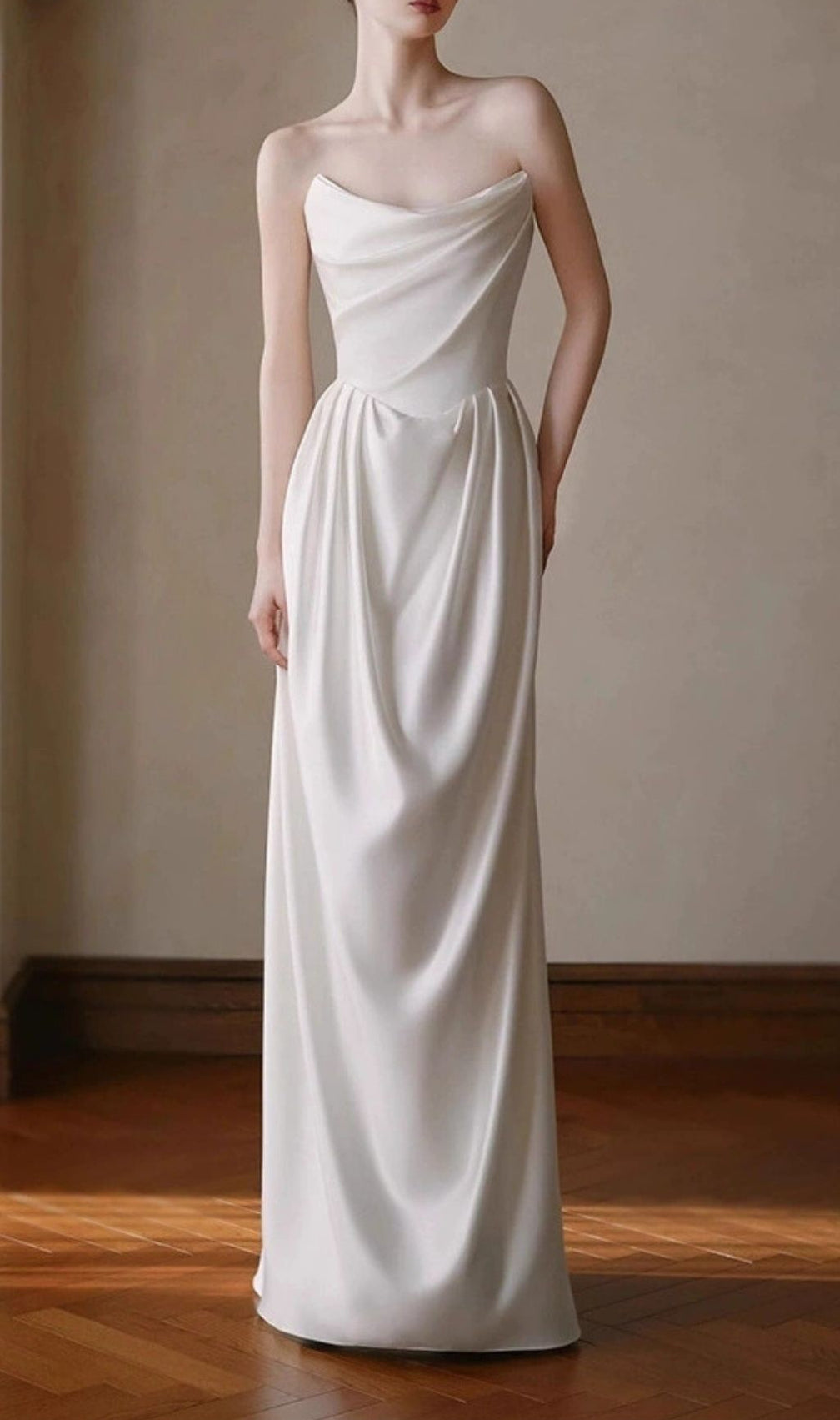 Karin White Strapless Wedding Dress - Elegant Draped Satin Bridal Gown