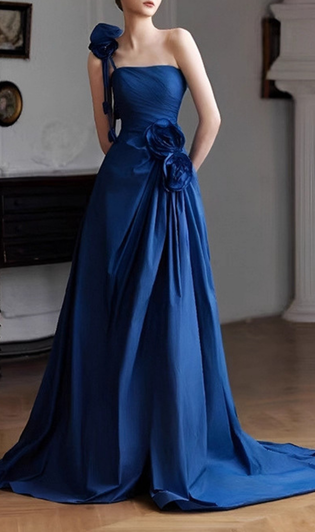 Harva Blue Flower Embellished Maxi Dress