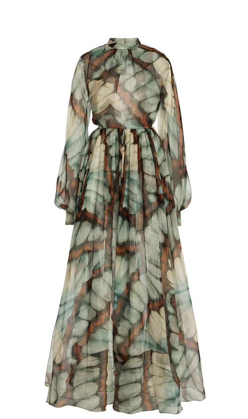 Ethereal Butterfly Print Chiffon Maxi Dress - High Neck & Flowy Sleeves